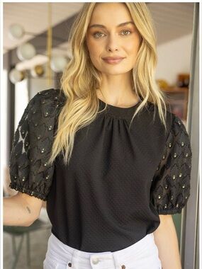 Women's Blouse with GOLD FEATHER PUFF SLEEVE TOP VOY size M